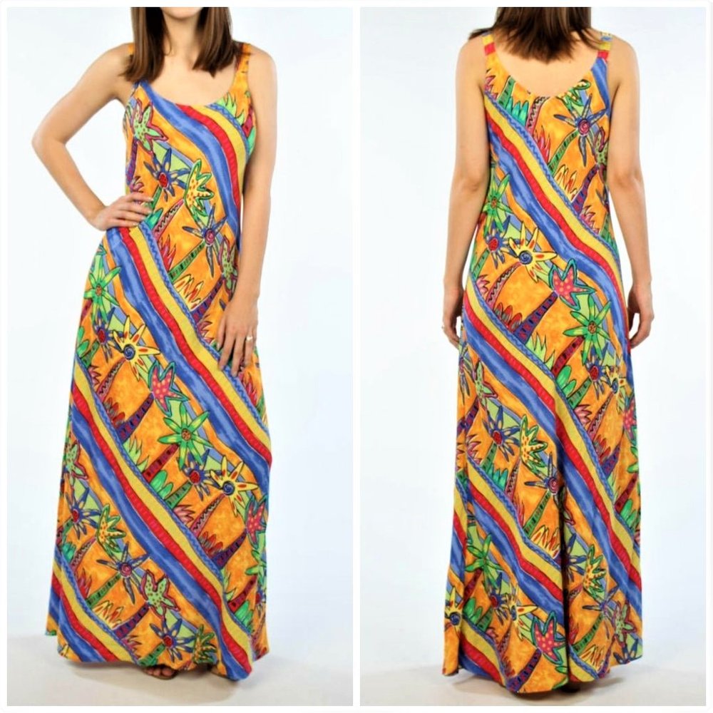 PALM BAY Multicolor Orange Blue Palm Tree Print Maxi Sundress SZ XL